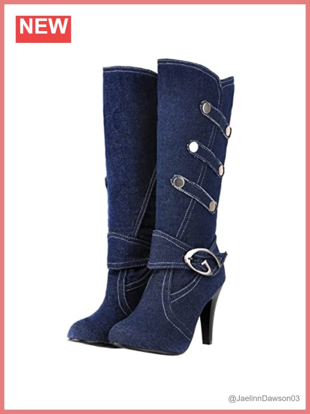 Denim Knee High Stiletto Heel Boots Women Round Toe Slip On